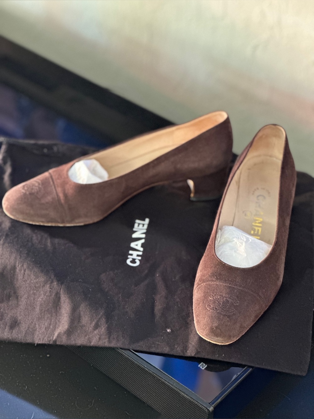 CHANEL Brown Suede Mid Heel Pumps